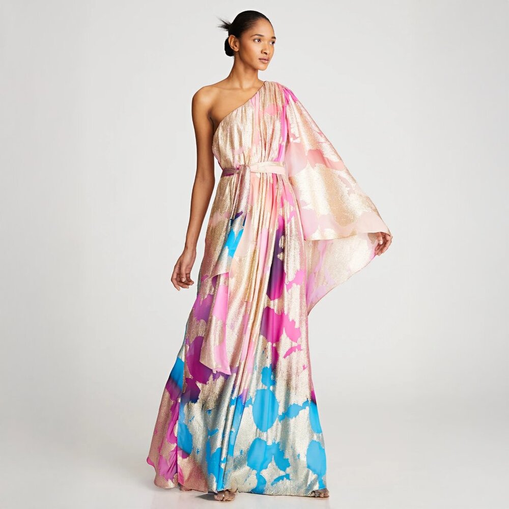 Halston Nisa Gold Ruched Printed Gown in Printed Fil Coupe